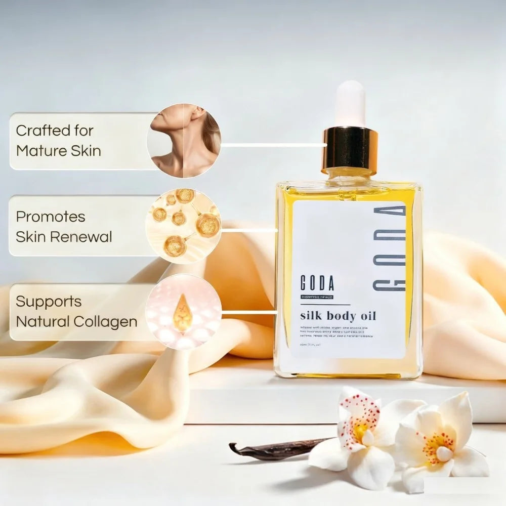 GODA Silk Body Oil Crafted For Mature Skin Promotes Renewal Brightens Tightens Reduces Blemishes Balances Water Oil Skincare